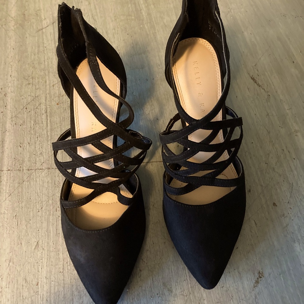 Black suede lattice heels